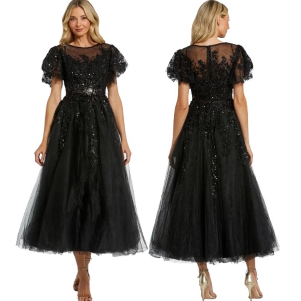 New Mac Duggal Embellished Flutter Sleeve A-Line Dress Black Size 6